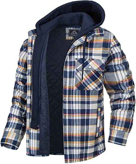 Men's Plaid Hooded Winter Jacket – Thick Padded Warm Zip-Up & Button Casual Shacket Coat