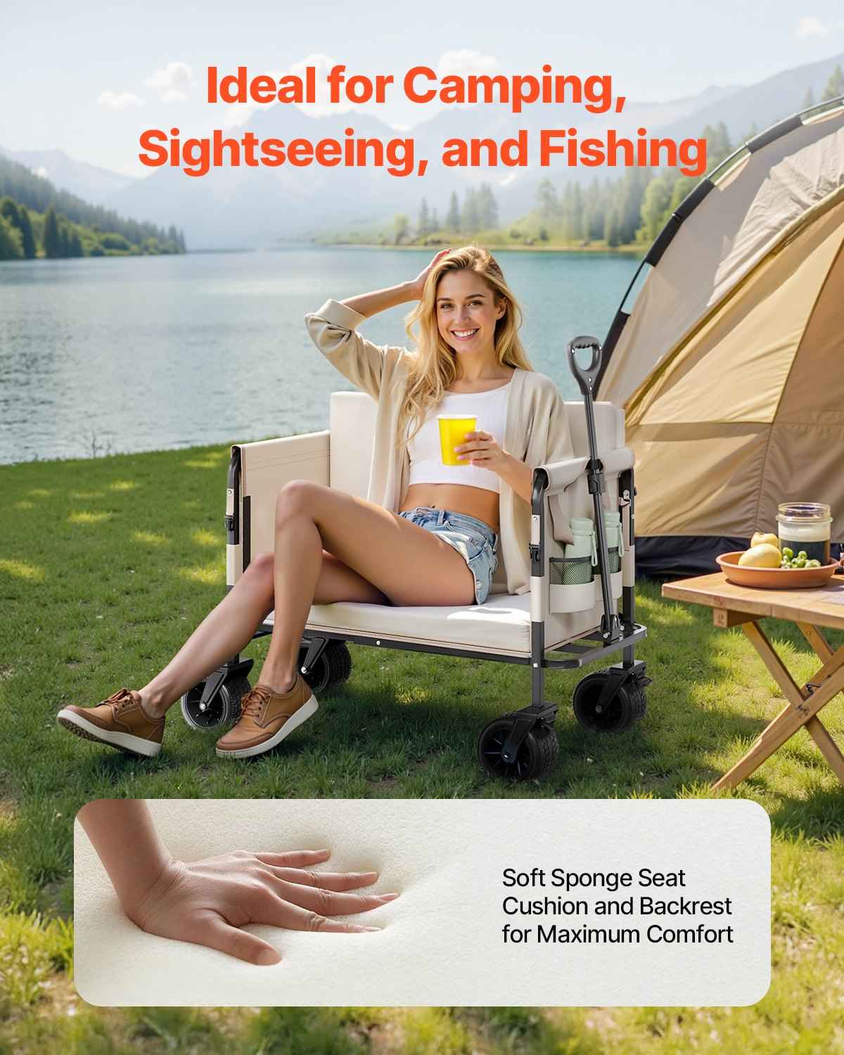 Heavy-Duty 2-in-1 Foldable Wagon Cart & Bench Seat | 550lb Capacity, 220L Camping & Utility Cart