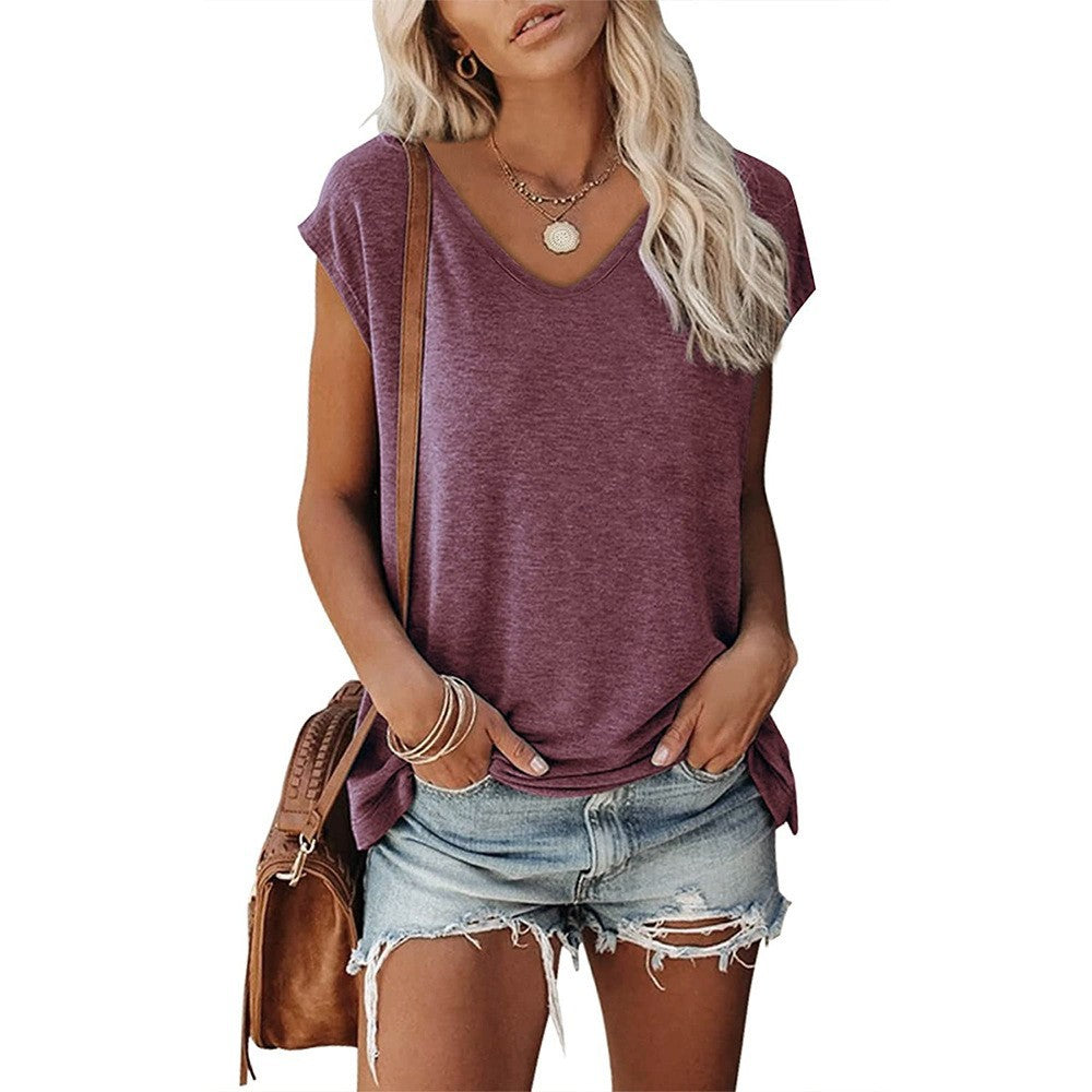 Women's Summer V-Neck Solid Color Casual Loose Short-Sleeve - Shop NCLC