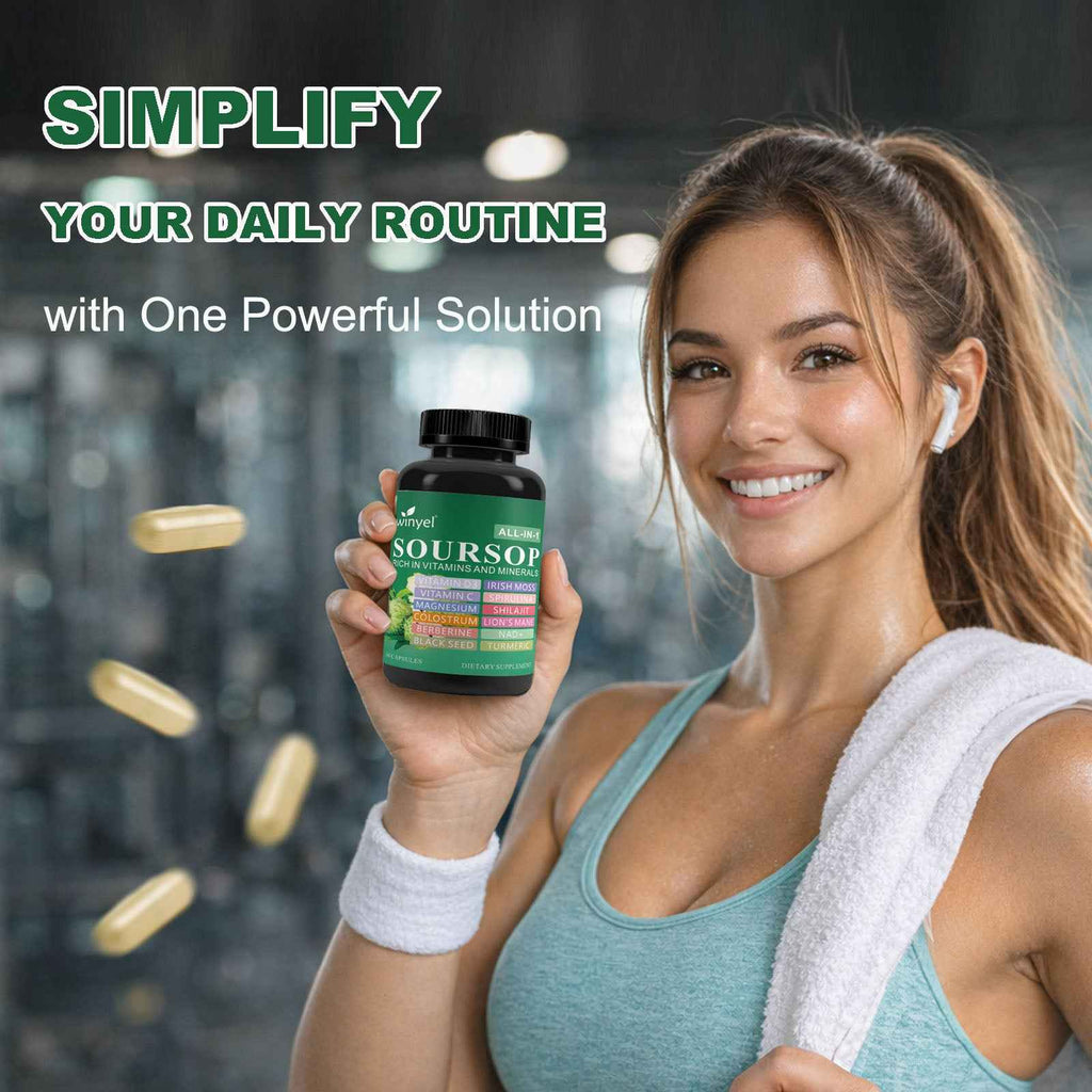 Soursop Supplement Containing 20 Herbal Extracts Including Seaweed, Lion's Mane Mushroom, Turmeric, Black Seed Oil, Oregano, And Mullein, Promoting Overall Health. Vegan, 60 Capsules.