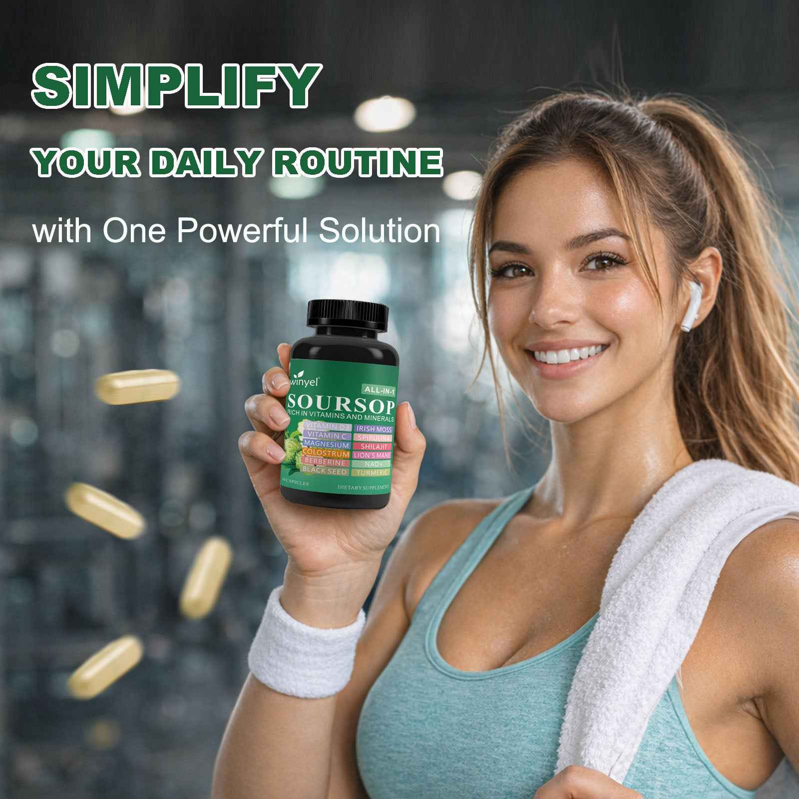Soursop Supplement Containing 20 Herbal Extracts Including Seaweed, Lion's Mane Mushroom, Turmeric, Black Seed Oil, Oregano, And Mullein, Promoting Overall Health. Vegan, 60 Capsules.