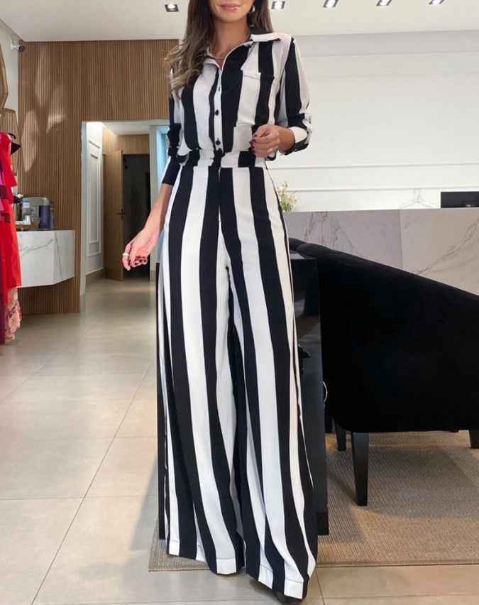 Women's Fashion Striped Pocket Design Shirt Wide Leg Pants Suit