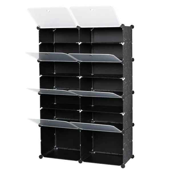 7-Tier Portable 28 Pair Shoe Rack Organizer 14 Grids Tower Shelf Storage Cabinet Stand Expandable For Heels, Boots, Slippers, Black RT