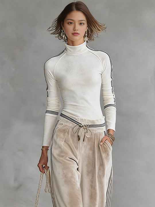 Women's Velour Turtleneck & Wide-Leg Pants Set - Stylish 2-Piece Casual Lounge Outfit