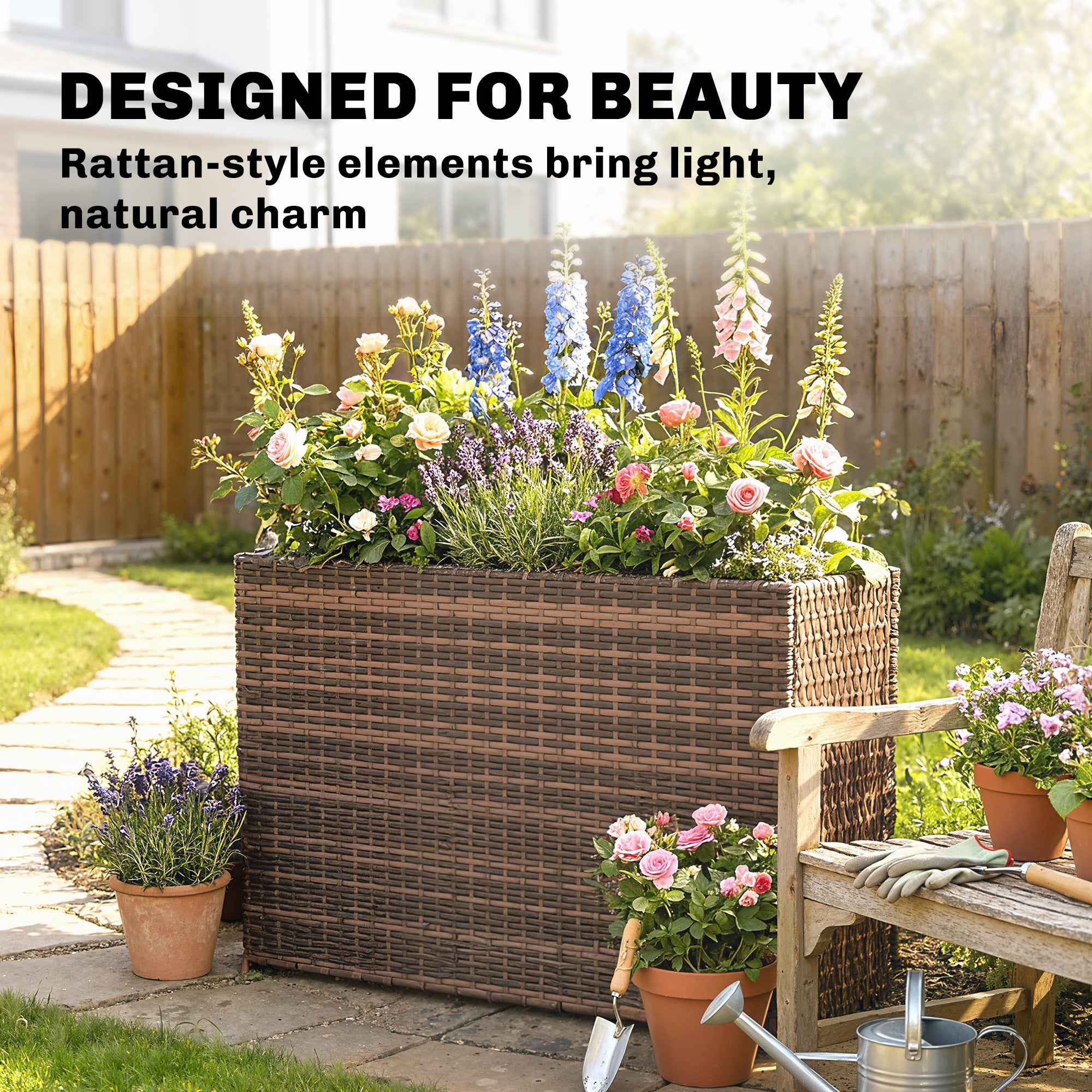 Tall Rectangular Planter with Removable Liner, Holes, PE Wicker Large Planter Box for Indoor Outdoor Plants, Brown