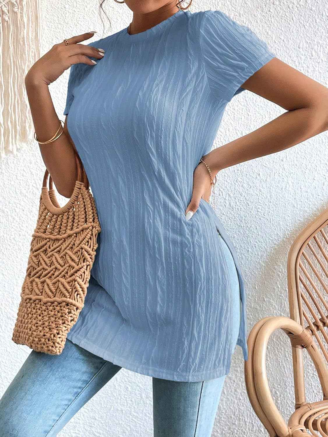 Women's Textured Short Sleeve Tunic Top - Casual Loose Fit Side Slit Longline Blouse