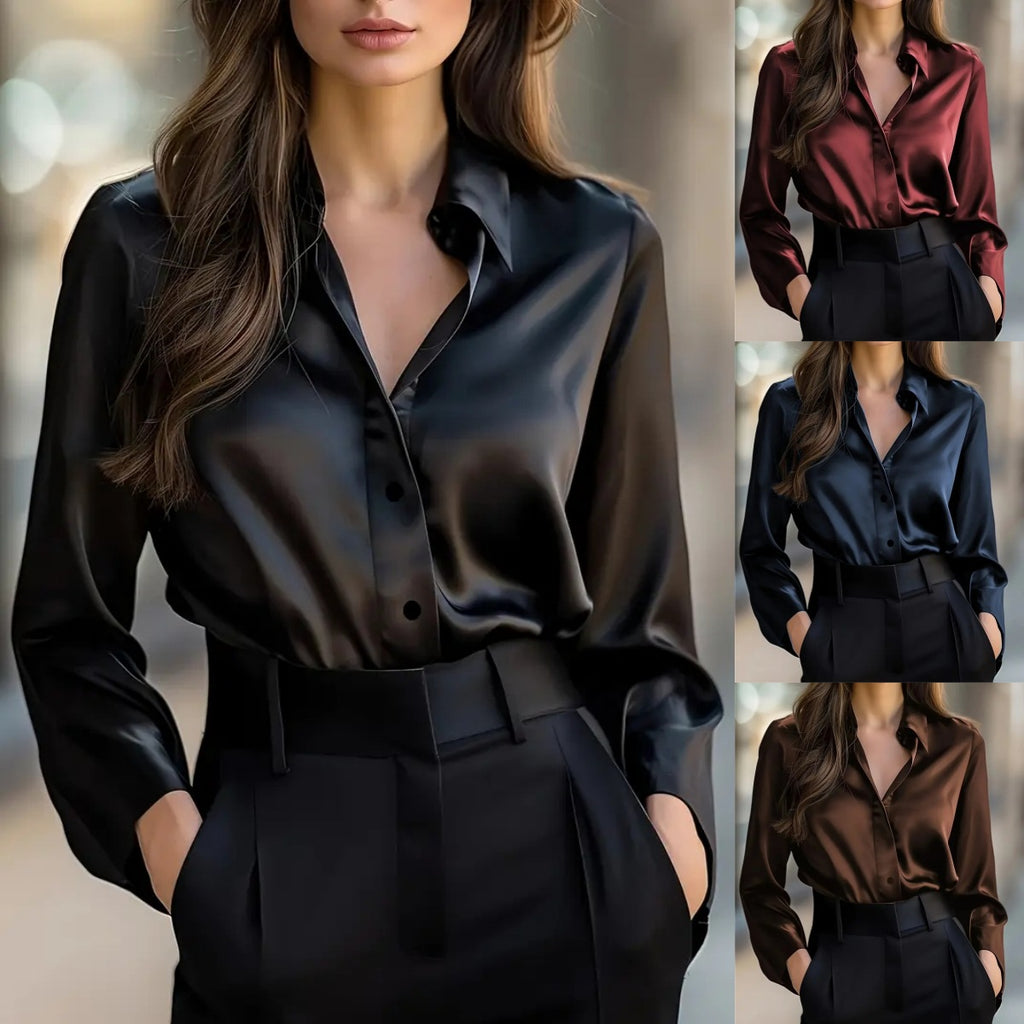 Elegant Satin Long Sleeve Blouse For Women Button-Up Collar Shirt Perfect For Casual Professional Business Work Wear Women's Clothing - Shop NCLC