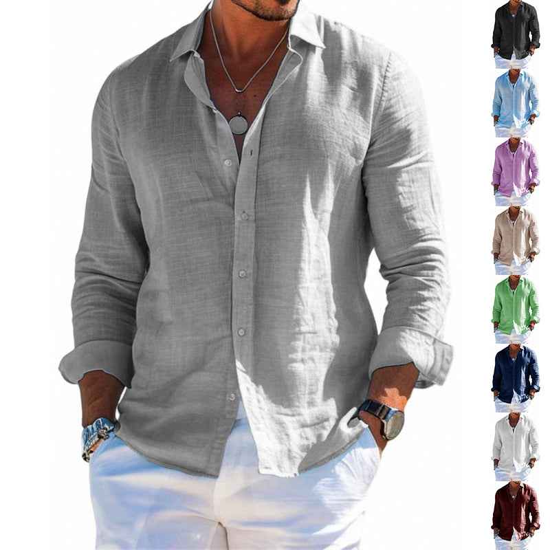 Men's Casual Long Sleeve Button-Down Shirt – Solid Color Loose Fit Lapel