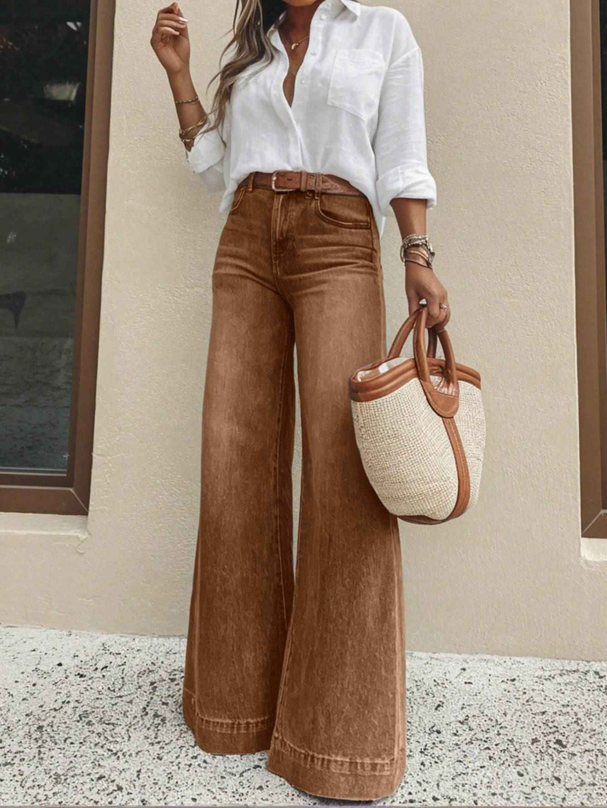 Vintage Brown High Waist Wide Leg Jeans | Washed Loose Floor-Length Denim Trousers