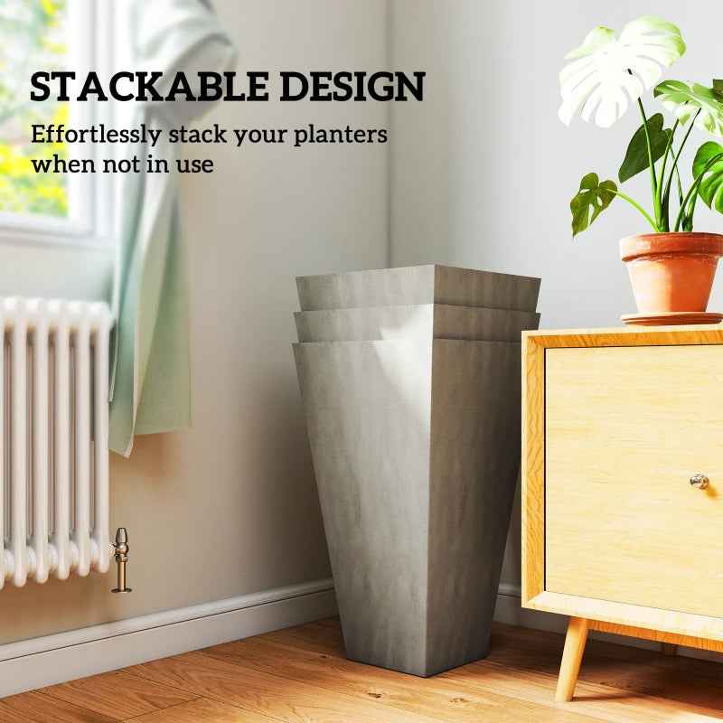 Tall Planters For Outdoor Plants Set Of 3, 28 In Taper Planters With Drainage Holes, Indoor Plant Pots, Front Porch Decor, Grey