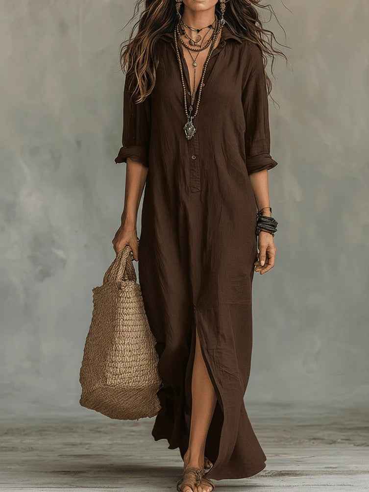 Spring Summer Cross-Border Casual Solid Color Notched Lapel Front Split Long Dress, Trendy Women's Fashion, Comfortable & Stylish