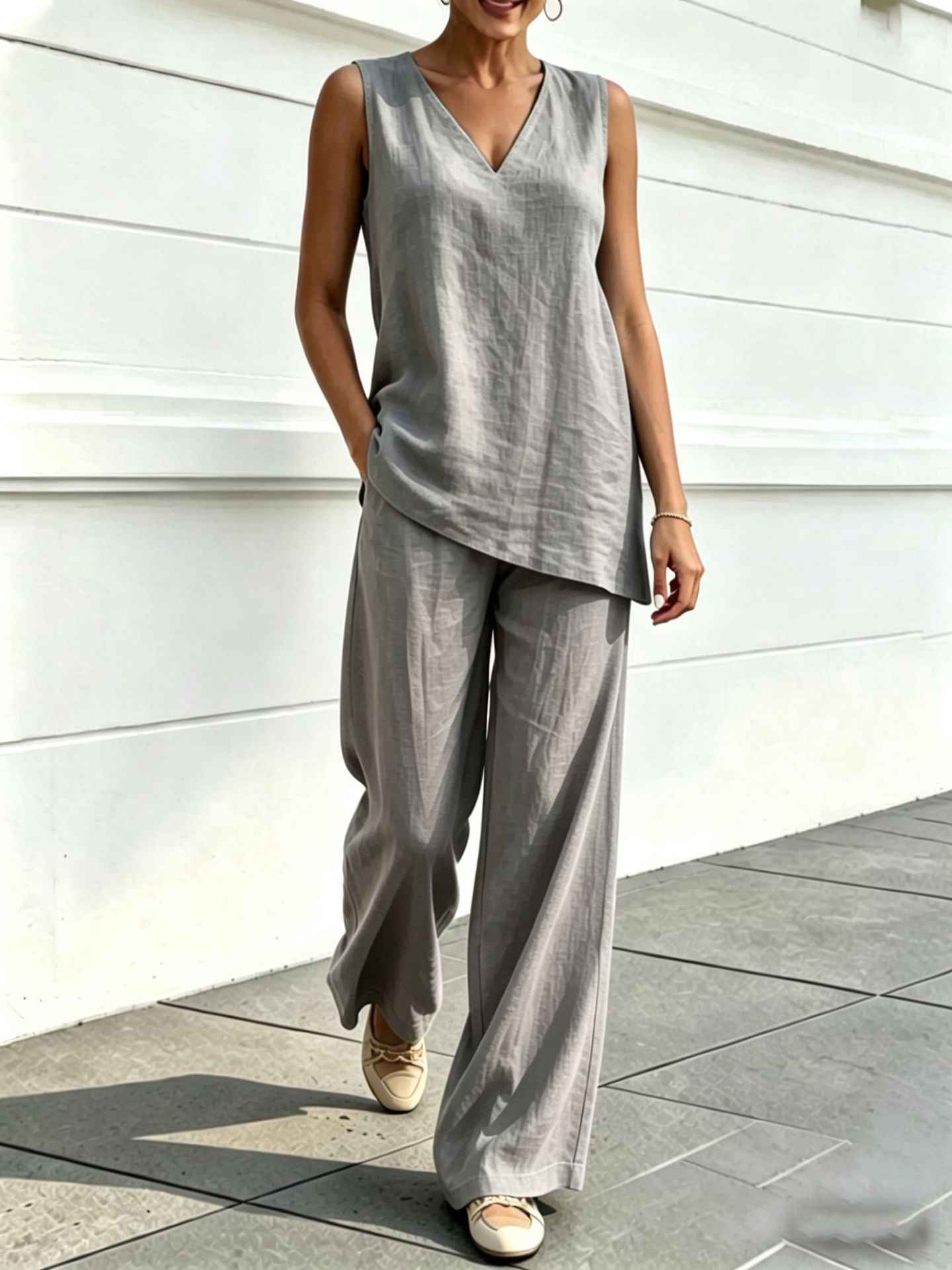 Womens V-neck Sleeveless Cotton-Linen Top And Wide-Leg Pants Set