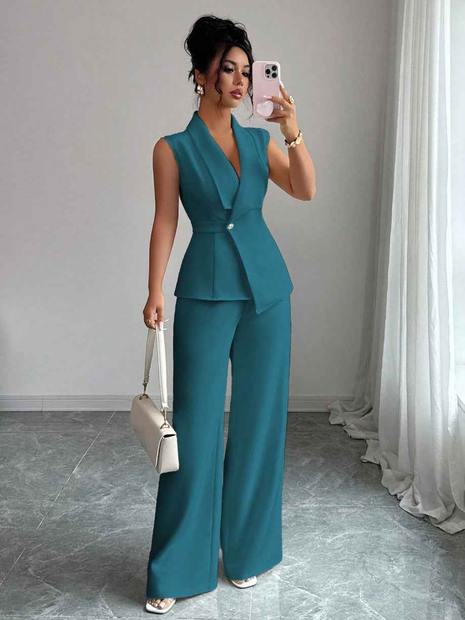 Sleeveless Blazer And Straight-leg Pants Women's Two-piece Set