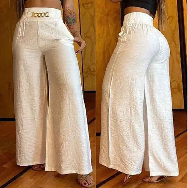 Women's Solid Color High-Waisted Wide-Leg Pants – Casual Stretchable Loose-Fitting Trousers