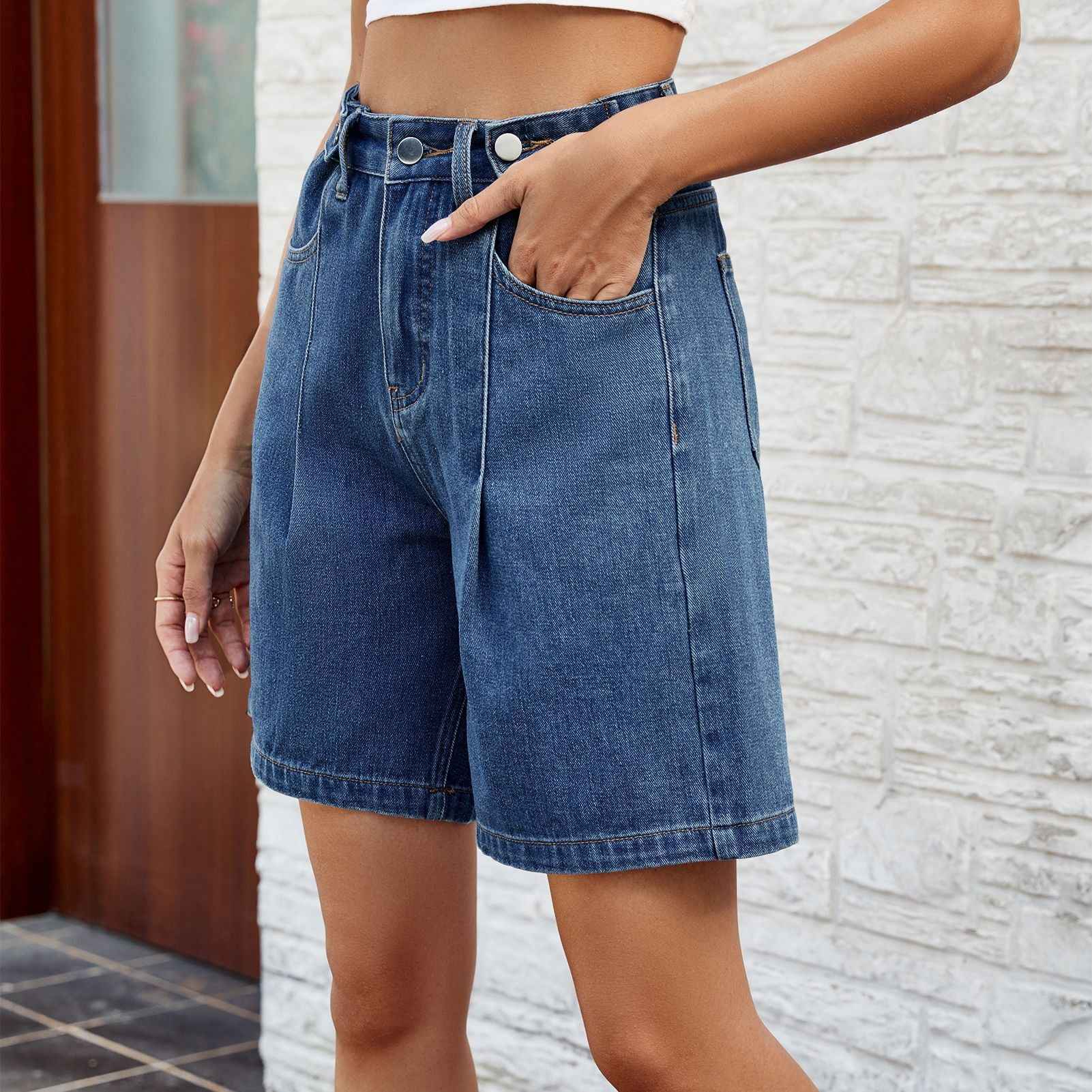 Women's Loose Adjustable Waist Denim Shorts | Wide Leg Casual Five-Point Jean Pants