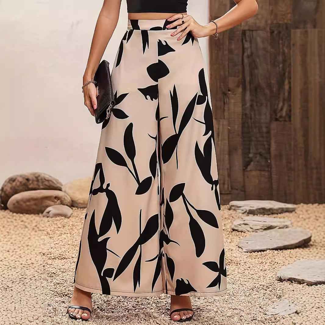 Women's Leaf Print High Waisted Wide Leg Casual Pants - Flowy Lounge & Beach Trousers