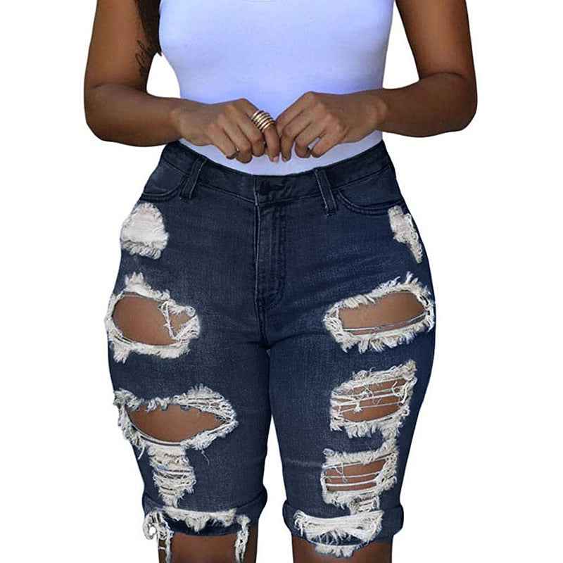 Women's High Waisted Ripped Denim Shorts | Stretchy Distressed Jean Shorts