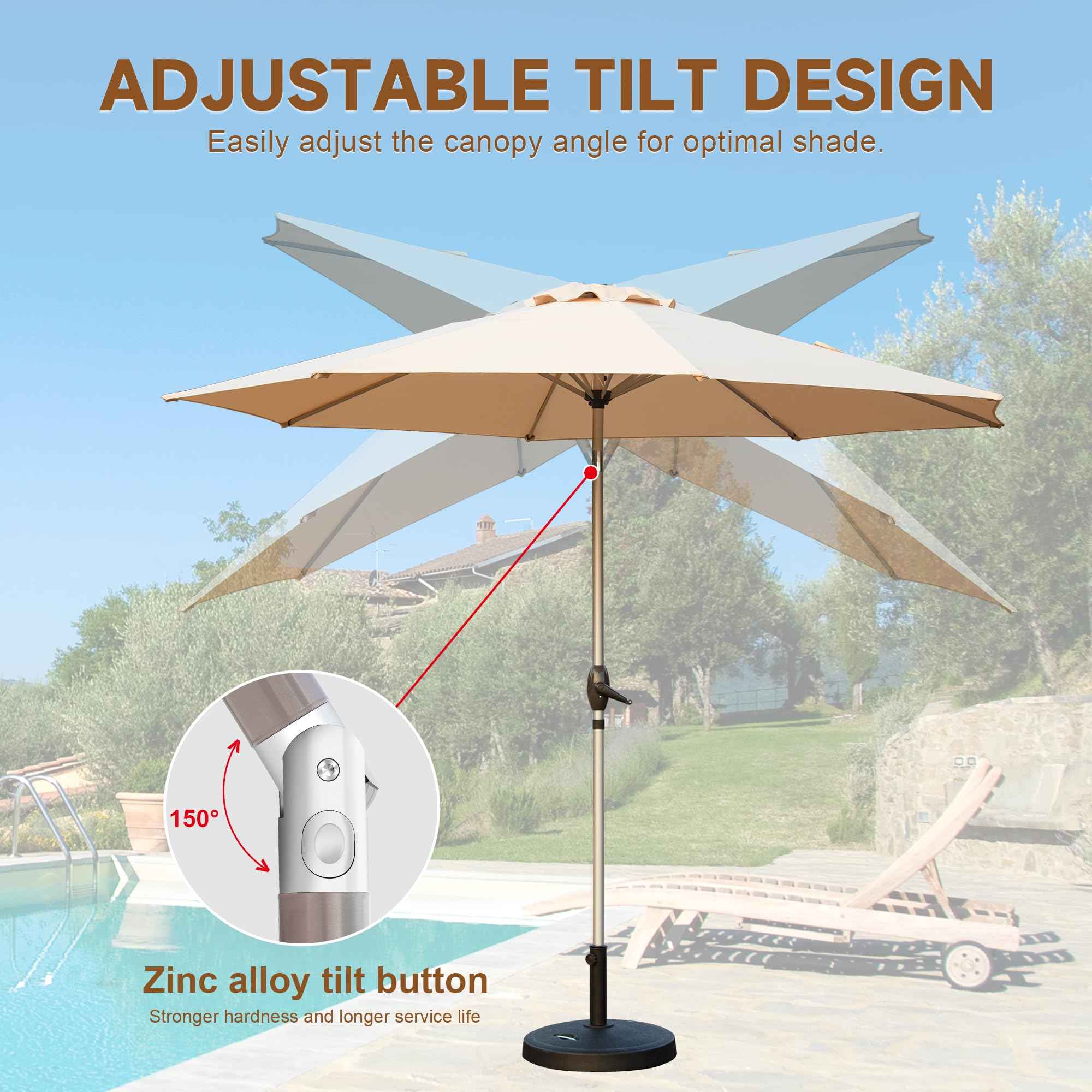 9FT Patio Umbrella, Outdoor Table Umbrella With Push Button Tilt And Crank, UV Protection Waterproof Market Sun Umbrella With 8 Sturdy Ribs For Garden, Deck, Backyard, Pool - Beige