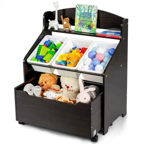 Kids Toy Storage Organizer Cabinet with Large Toy Box & Display Shelf, Dark Brown