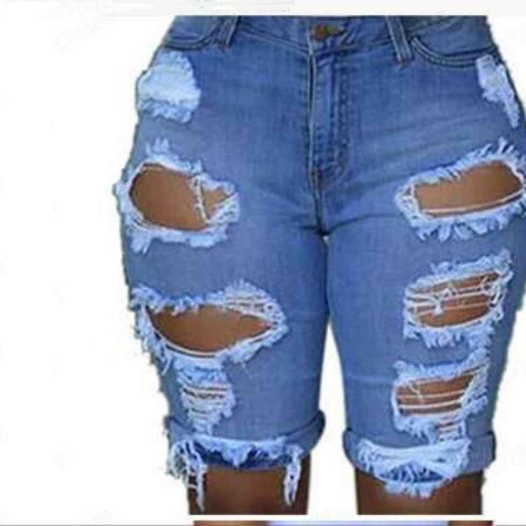 Women's High Waisted Ripped Denim Shorts | Stretchy Distressed Jean Shorts