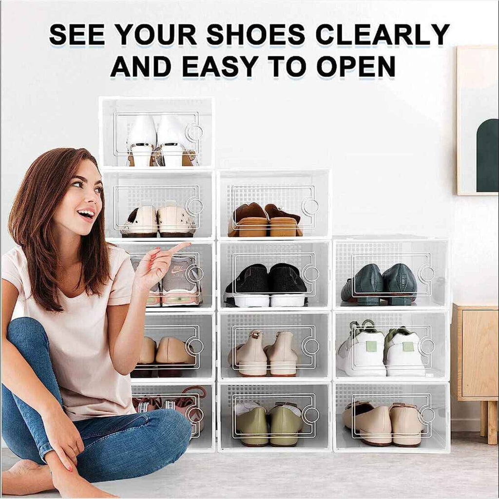 12Pcs Transparent Clear Shoe Storage Box Rack Plastic Organizer Boxers Stackable ----White