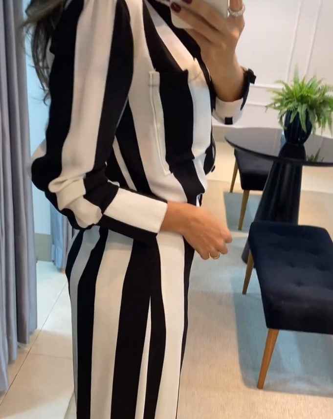 Women's Fashion Striped Pocket Design Shirt Wide Leg Pants Suit