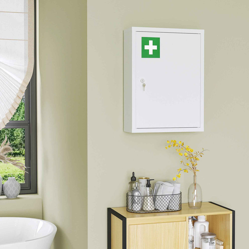 Lockable Medicine Cabinet – 16" x 21" 3-Tier Steel Medical Wall Box with 2 Keys & Shelves, White