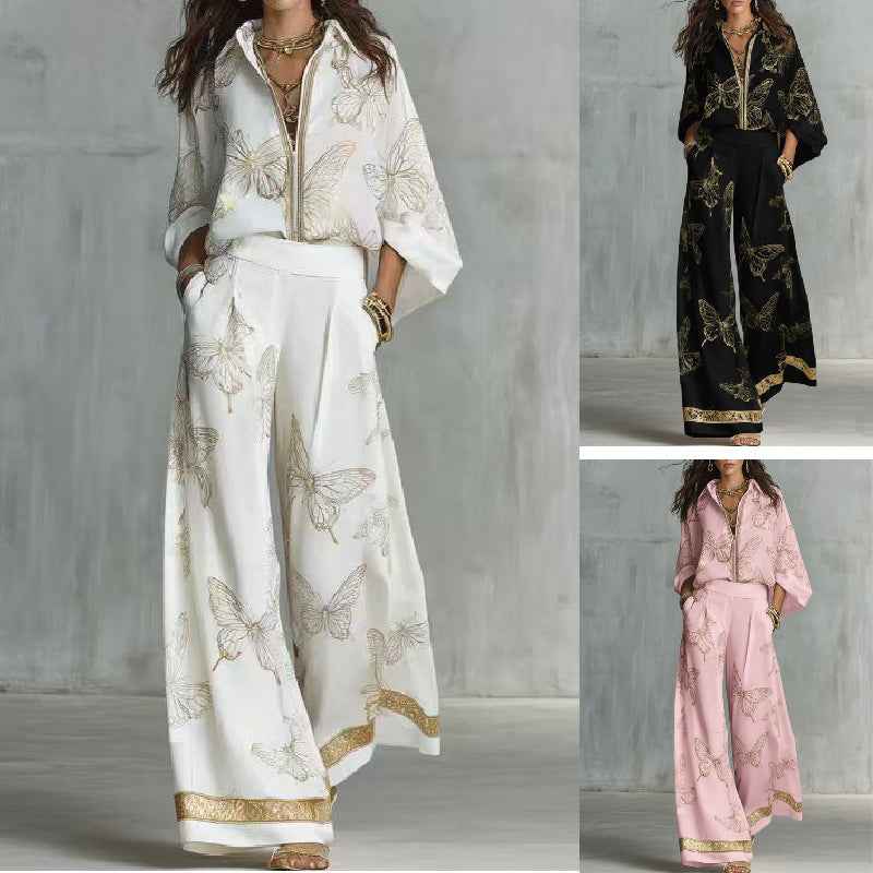 Women's Zip-Front Shirt & Wide-Leg Pants Casual Two-Piece Set