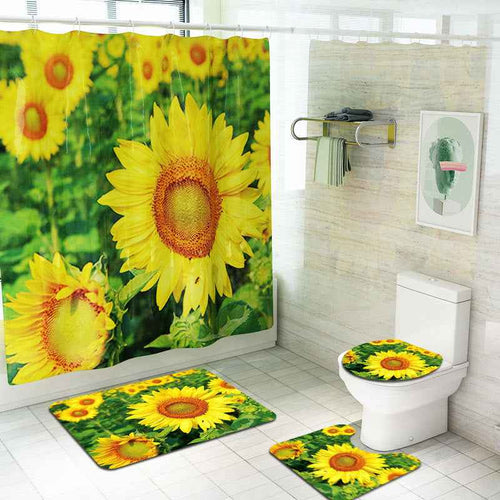 4-Piece Sunflower Shower Curtain Set with Non-Slip Bathroom Rugs & Toilet Lid Cover – Yellow Floral Waterproof Bath Decor