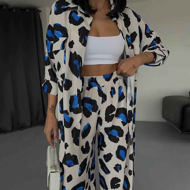 Printed Design Long-sleeved Shirt Wide-leg Pants Women's Two-piece Set