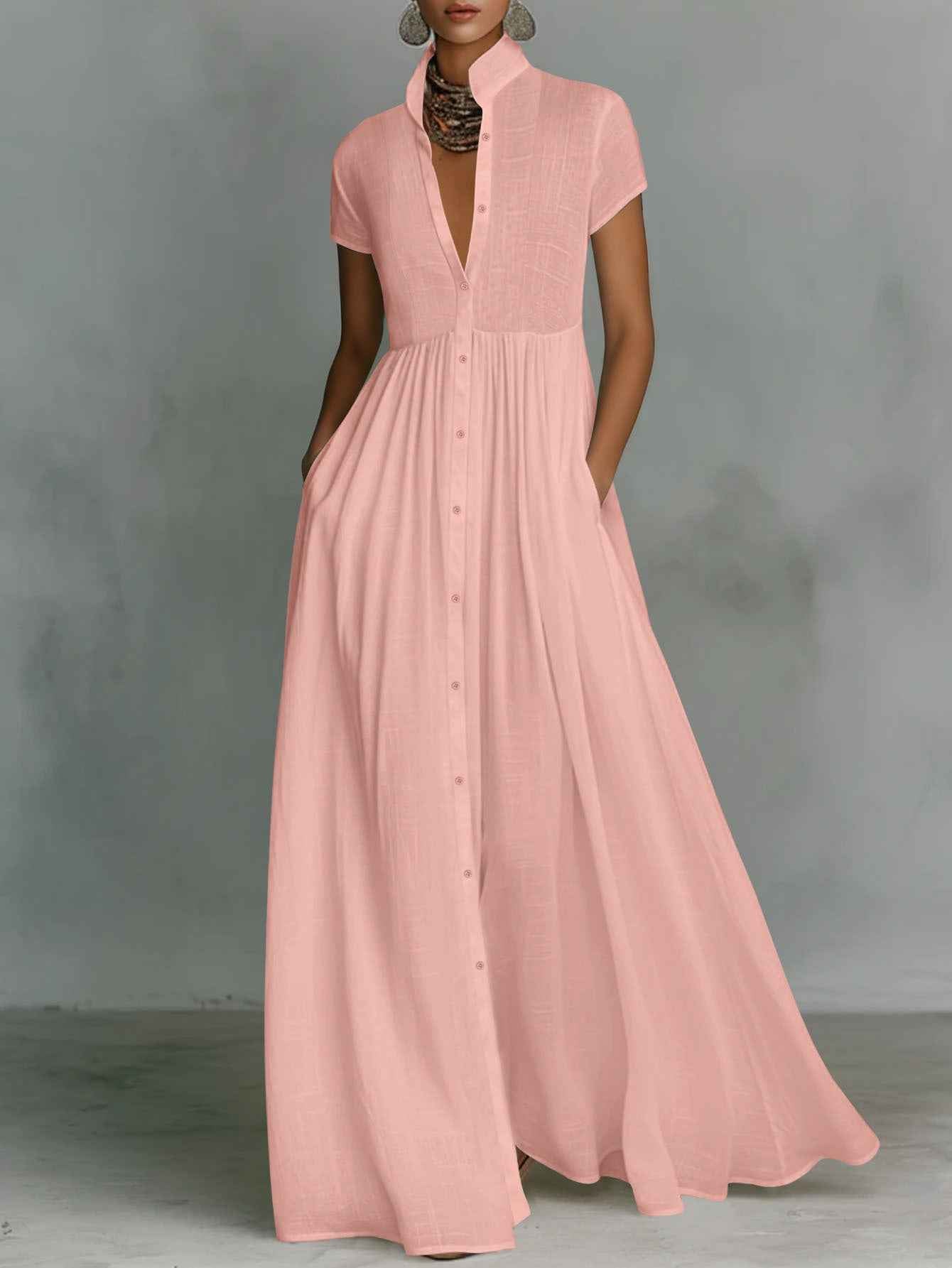 Women's Elegant Stand Collar Maxi Dress – High Waist Pleated Flowy A-Line Summer Long Dress