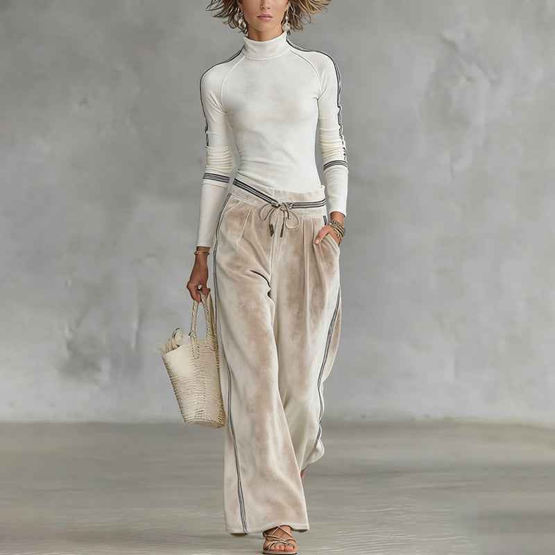 Women's Velour Turtleneck & Wide-Leg Pants Set - Stylish 2-Piece Casual Lounge Outfit