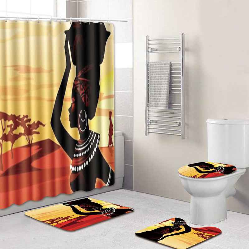 Creative African Culture 4-Piece Bathroom Set – Waterproof Shower Curtain, Non-Slip Bath Mat & Rugs