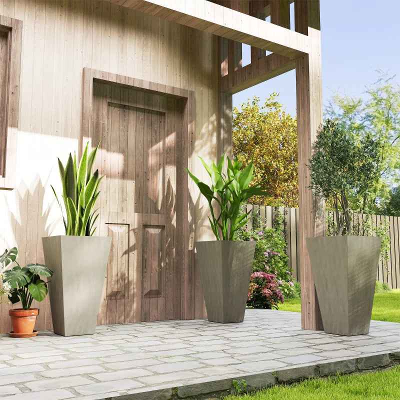 Tall Planters For Outdoor Plants Set Of 3, 28 In Taper Planters With Drainage Holes, Indoor Plant Pots, Front Porch Decor, Grey