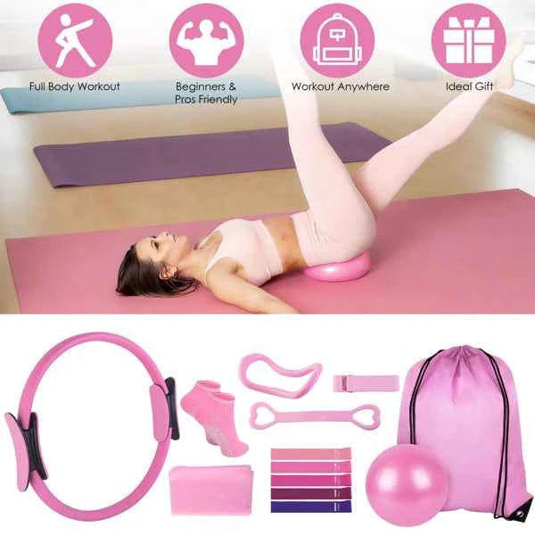 All-in-One 14Pcs Pilates Kit with Ring, Yoga Ball & Resistance Bands + Carry Bag