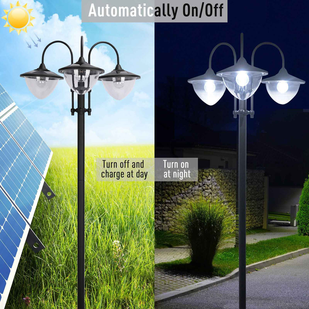 74.5" 3-head Solar Lamp Post Street Light with Planter, Solar Pole Lights Outdoor Waterproof LED Lighting for Backyard Pathway Patio Lawn Driveway Decor, Black