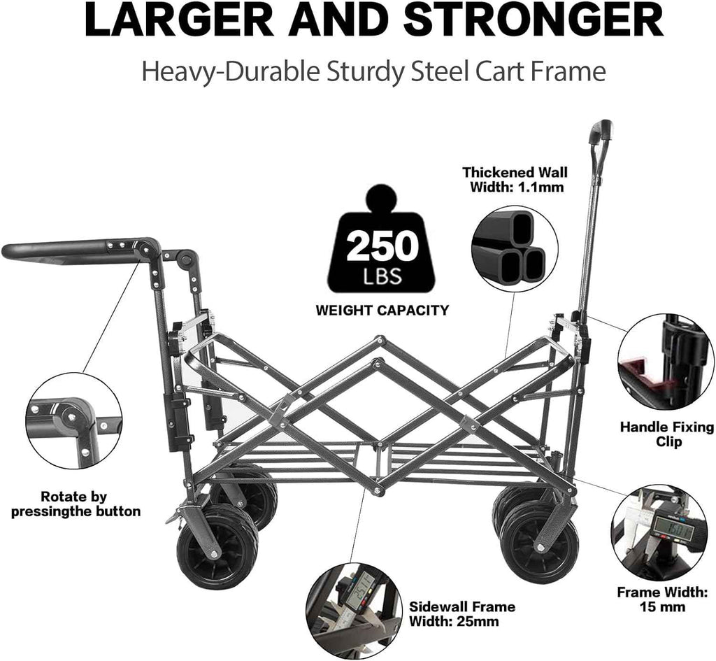 140L Collapsible Folding Wagon Cart with Removable Canopy, All-Terrain Wheels & Cooler Bag