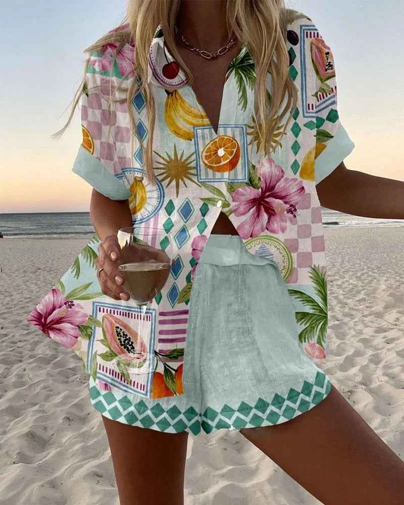 Women's Printed Casual Vacation Cardigan and Shorts 2-Piece Set
