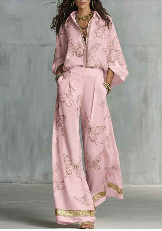 Women's Zip-Front Shirt & Wide-Leg Pants Casual Two-Piece Set