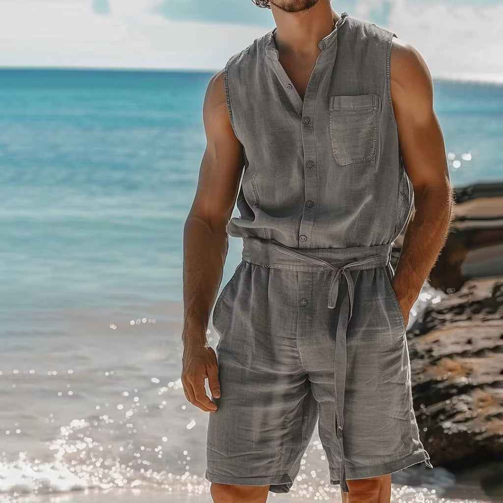 Men's One-Piece Nap Vest & Shorts Set - Lightweight Loungewear