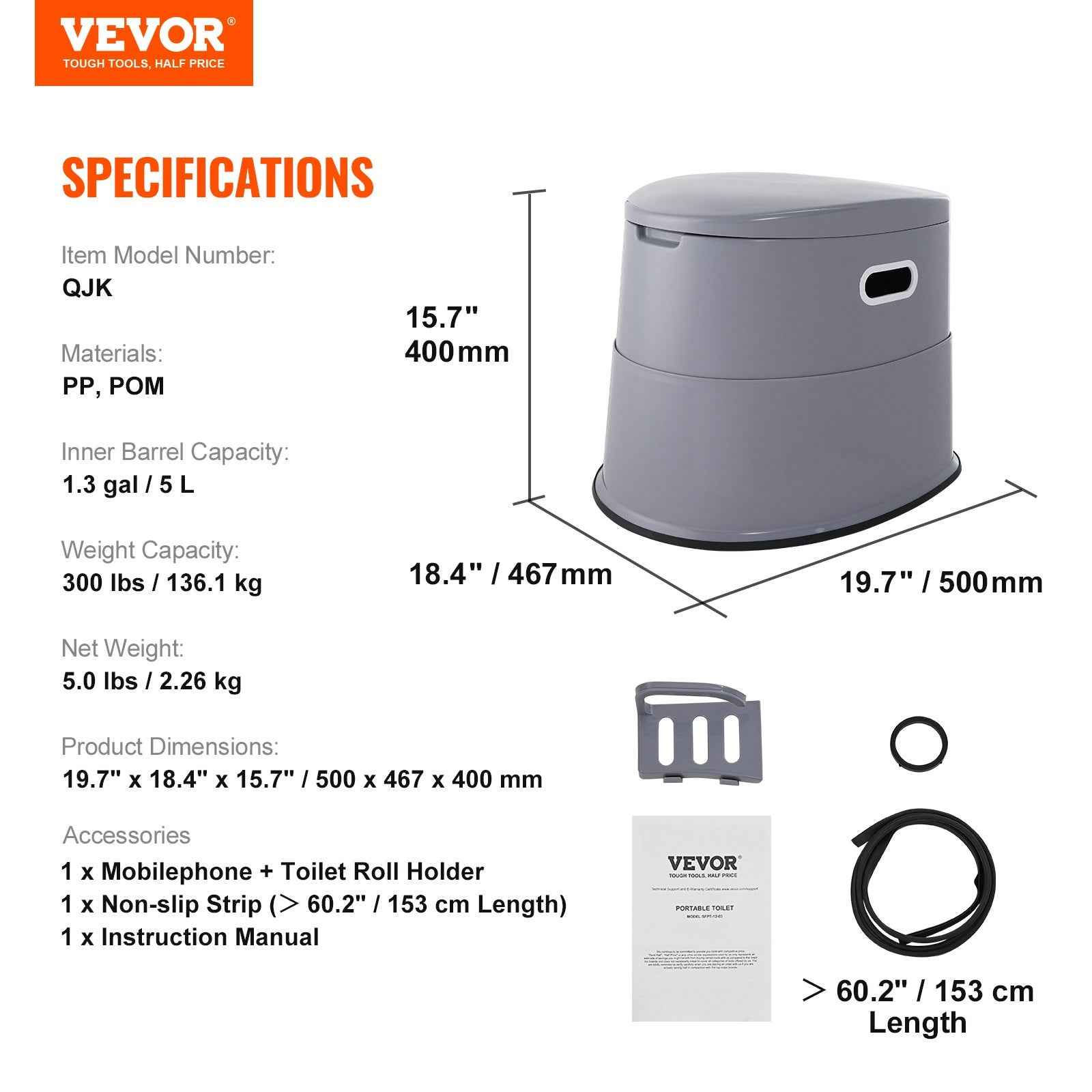VEVOR Portable Camping Toilet & Porta Potty – 1.3 Gal Detachable Bucket, Dual Lids, 300 lbs Capacity Travel Commode for Adults, Kids, RV & Road Trips