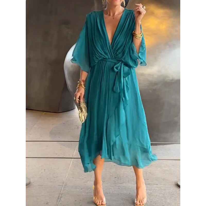 Women's Summer V-Neck Batwing Sleeve Tie-Waist Irregular Long Maxi Dress