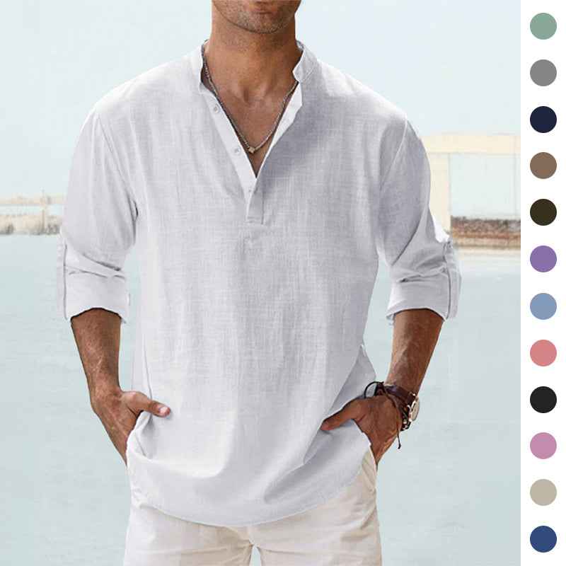 Men's Cotton Linen Casual Long Sleeve Shirt – Loose Fit Lightweight Pullover Tee