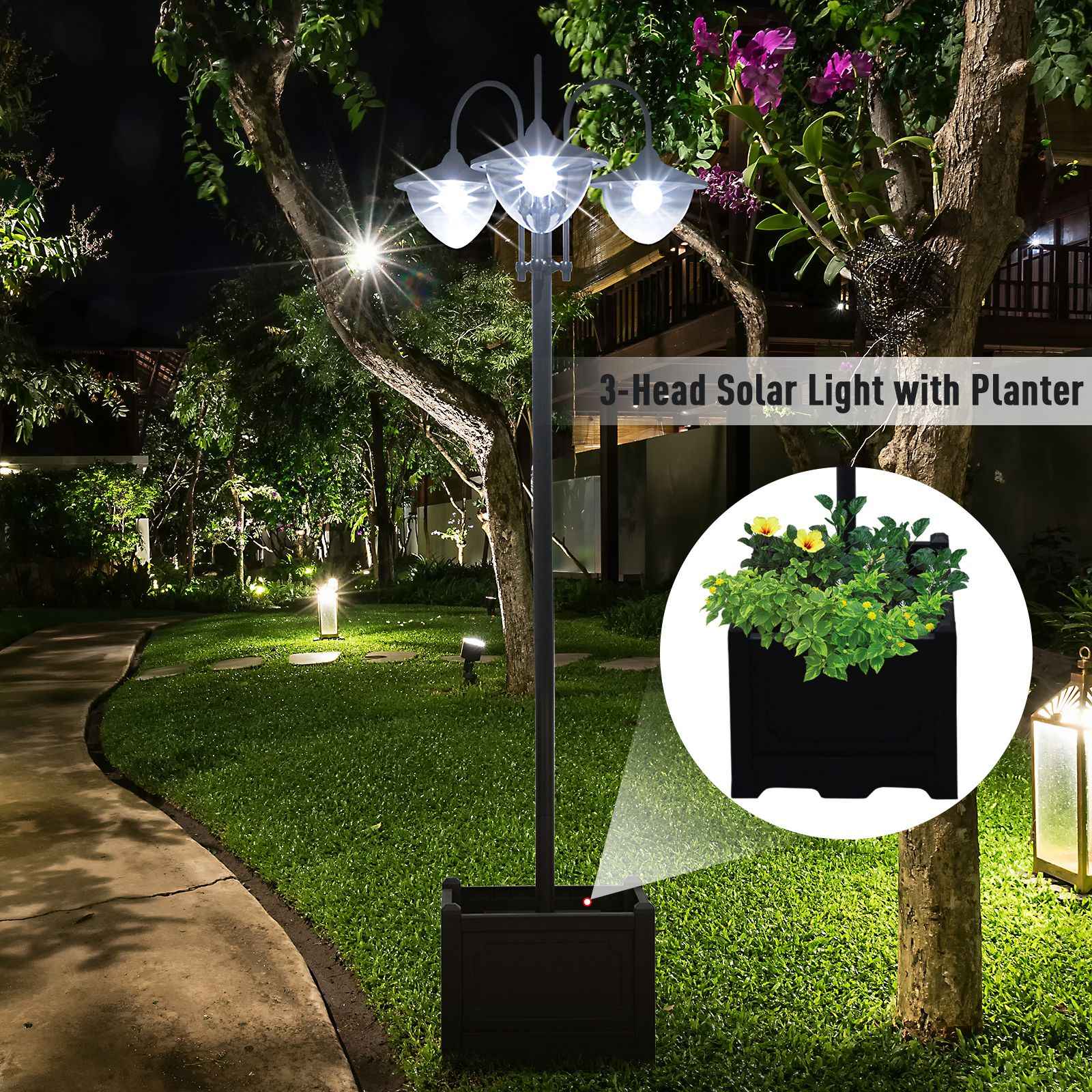 74.5" 3-head Solar Lamp Post Street Light with Planter, Solar Pole Lights Outdoor Waterproof LED Lighting for Backyard Pathway Patio Lawn Driveway Decor, Black