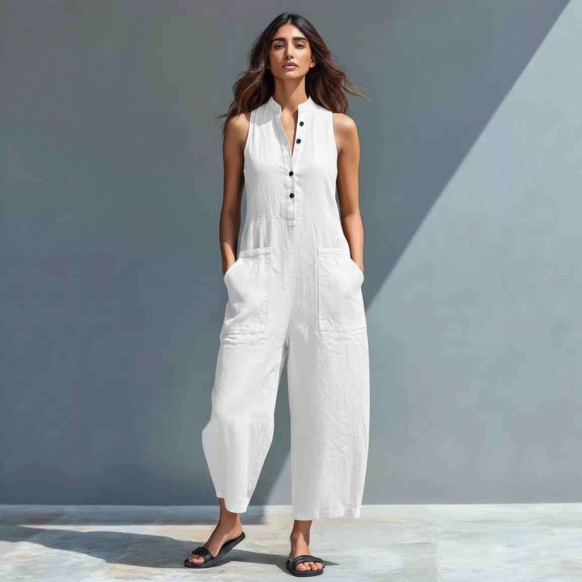 Women's Summer Sleeveless V-Neck Jumpsuit - Casual Wide-Leg Overalls with Pockets & Buttons