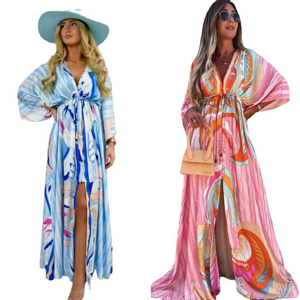 New women's V-neck short sleeve printed long dress - Shop NCLC