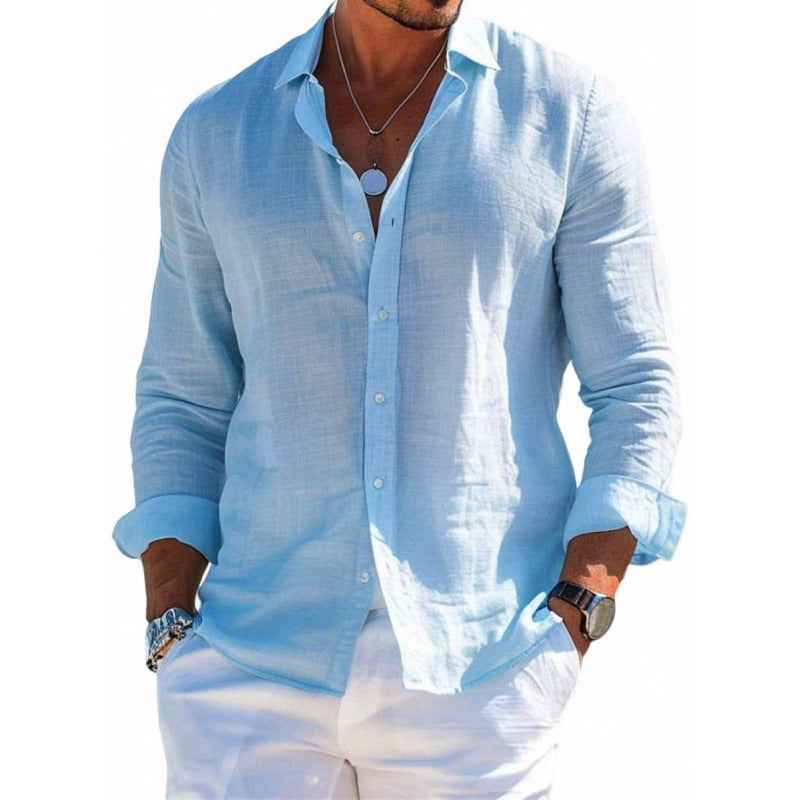 Men's Casual Long Sleeve Button-Down Shirt – Solid Color Loose Fit Lapel