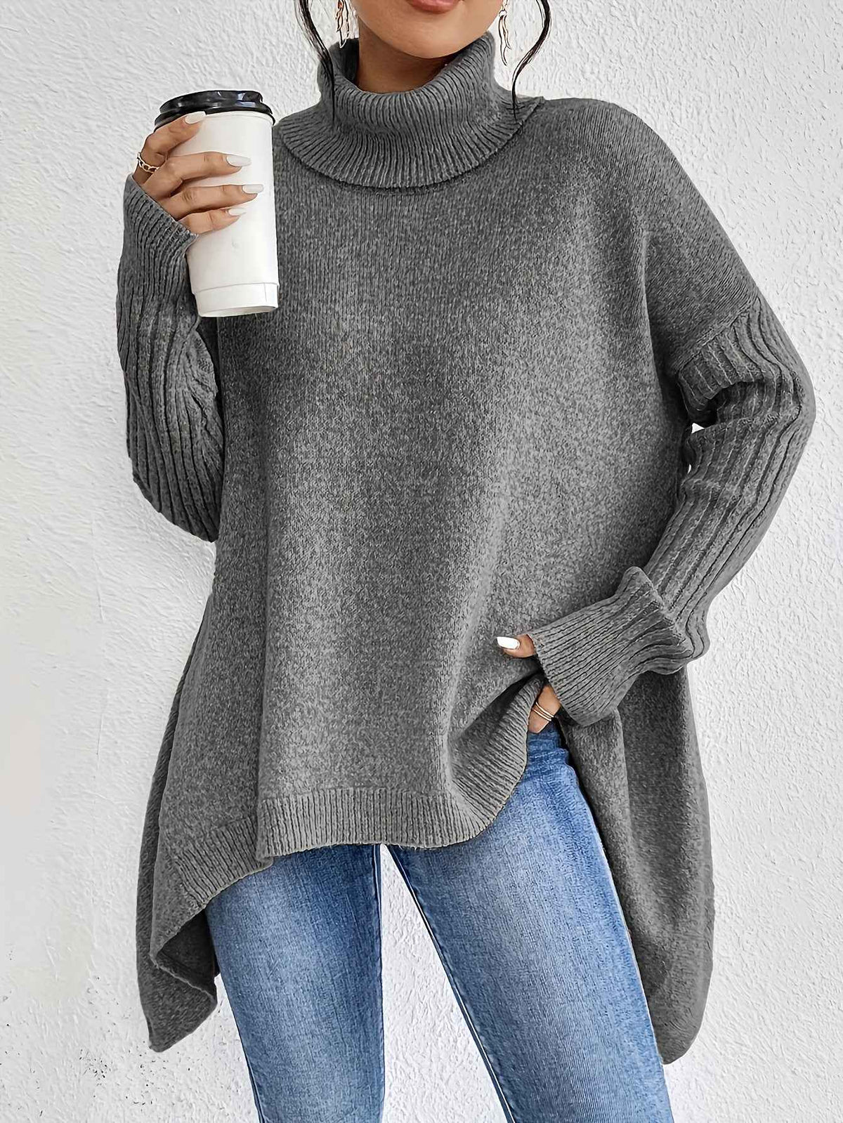 Women's Asymmetrical Turtleneck Loose Knit Pullover – Cozy Long Sleeve Winter Sweater Top
