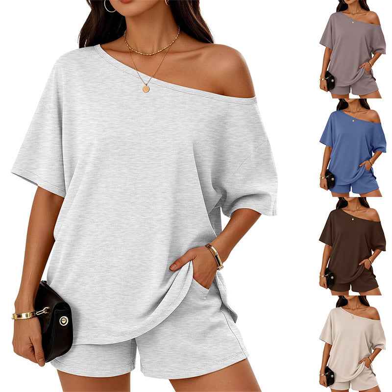 Womens 2-piece Fashionable Casual Set Off The Shoulder Top And Shorts  For Loungewear Daily Wear Work Gym Outfit