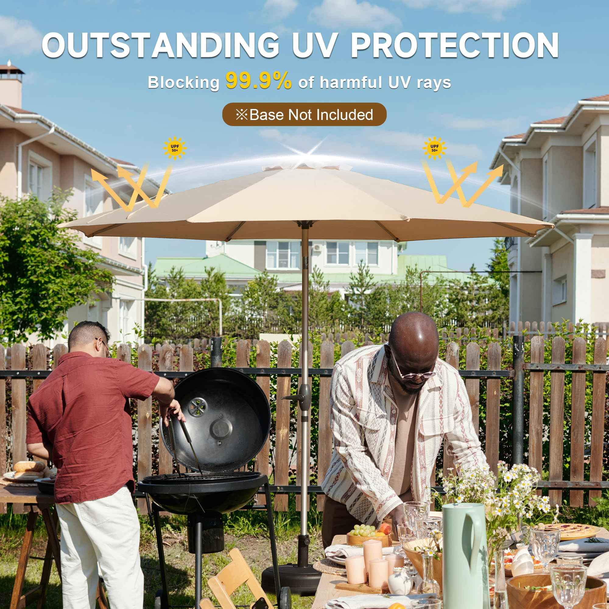 9FT Patio Umbrella, Outdoor Table Umbrella With Push Button Tilt And Crank, UV Protection Waterproof Market Sun Umbrella With 8 Sturdy Ribs For Garden, Deck, Backyard, Pool - Beige